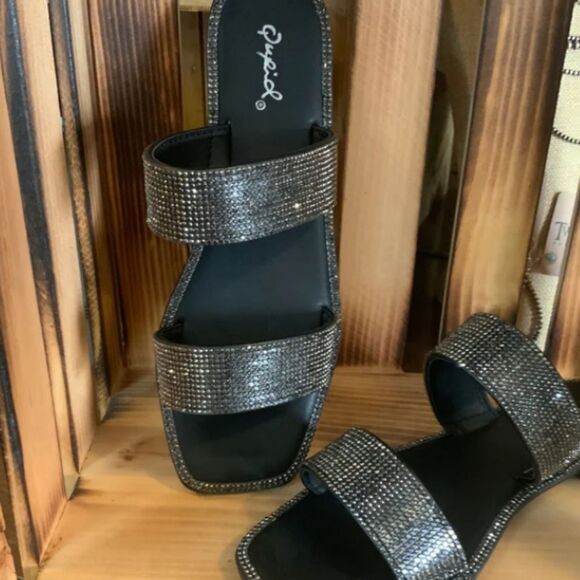 Qupid Double Strap Rhinestone Flat Sandal- Pewter - Picture 1 of 7